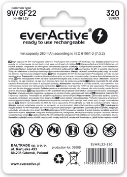 Rechargeable everActive 6F22/9V Ni-MH 320 mAh ready to use