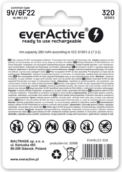 Rechargeable everActive 6F22/9V Ni-MH 320 mAh ready to use