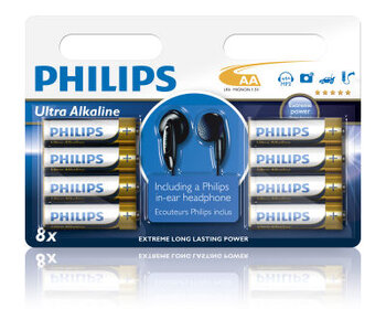 Philips Ultra Alkaline LR6 AA Alkaline Battery (Blister) - 8 Pieces + Philips SHE1350 Headphones