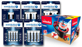 EverActive Pro Alkaline alkaline batteries 288pcs LR6, 288pcs LR03, 20pcs 6LR61, 24pcs LR14, 24pcs LR20 + Vileda Mop