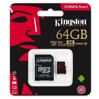 Kingston Canvas React microSDXC memory card 64GB 100MB/s UHS-I U3 V30 A1 + Adapter