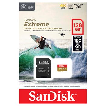 SanDisk microSD (microSDXC) 128GB Extreme 190/90MB/s ActionCam UHS-I U3 V30 A2 Memory Card