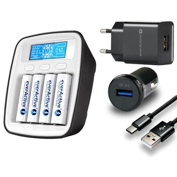 Ładowarka akumulatorków Ni-MH everActive NC-1000M + ładowarka sieciowa + ładowarka samochodowa + kabel 1,2m