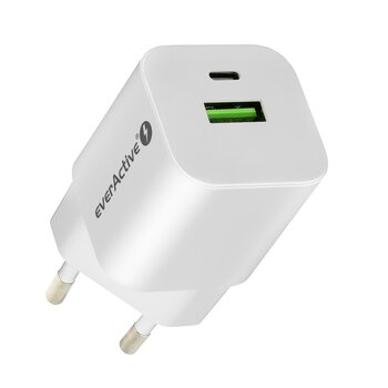 everActive GaN SC-390Q wall charger with USB QC3.0 and USB-C PD PPS 30W socket + USB-C PD CBB-1PDR LED cable 1m