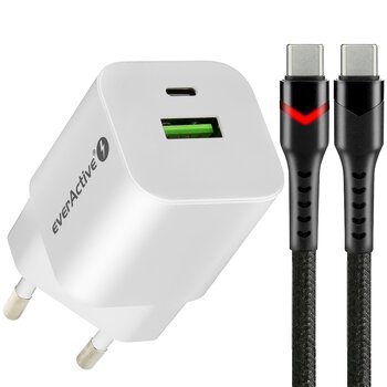 everActive GaN SC-390Q wall charger with USB QC3.0 and USB-C PD PPS 30W socket + USB-C PD CBB-1PDR LED cable 1m