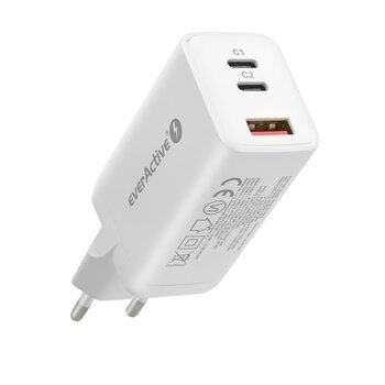 everActive GaN SC-650Q wall charger with USB port and 2x USB-C PD PPS QC4+ 65W