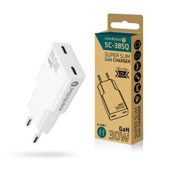 Ładowarka sieciowa everActive GaN SUPER SLIM SC-385Q z dwoma gniazdami USB-C PD 30W Ładowarka sieciowa everActive GaN SUPER SLIM SC-385Q z dwoma gniazdami USB-C PD 30W