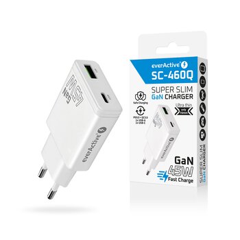 everActive GaN SUPER SLIM SC-460Q wall charger with USB QC3.0 and USB-C PD 45W socket everActive GaN SUPER SLIM SC-460Q wall charger with USB QC3.0 and USB-C PD 45W socket