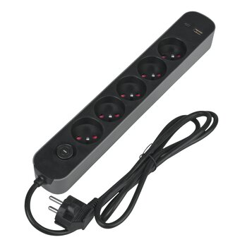 DPM protective strip with switch - 5 AC sockets, 1x USB-A, 1x USB-C 1.5M grey 