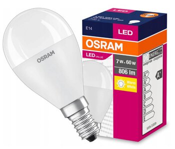 Żarówka LED OSRAM Kulka E14 7W LED VALUE CLASSIC P 60 Biała Ciepła 2700k