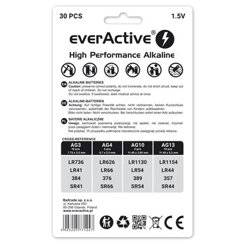 set of 30 mini everActive alkaline batteries 10 x G3 / LR41, 5 x G4 / LR626, 5 x G10 / LR1130, 10 x G13 / LR1154