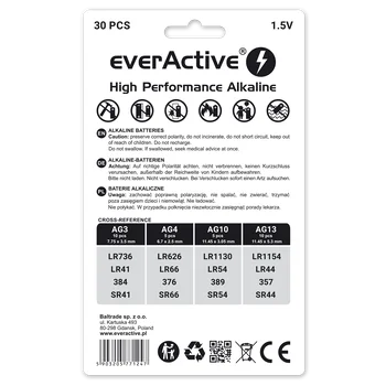 set of 30 mini everActive alkaline batteries 10 x G3 / LR41, 5 x G4 / LR626, 5 x G10 / LR1130, 10 x G13 / LR1154