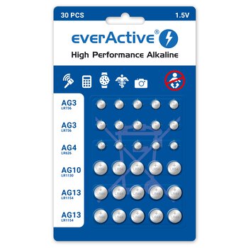 set of 30 mini everActive alkaline batteries 10 x G3 / LR41, 5 x G4 / LR626, 5 x G10 / LR1130, 10 x G13 / LR1154