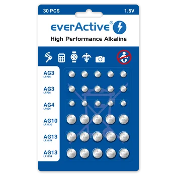 set of 30 mini everActive alkaline batteries 10 x G3 / LR41, 5 x G4 / LR626, 5 x G10 / LR1130, 10 x G13 / LR1154
