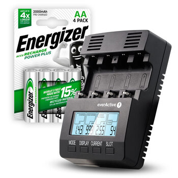 KIT everActive NC-3000 Ni-MH Battery Charger + 4x R6 ENERGIZER POWER PLUS 2000 HR6 Rechargeable Batteries