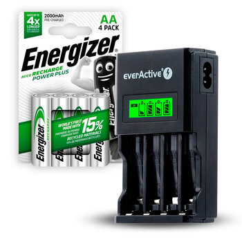 KIT everActive NC-450 Black Edition Ni-MH Battery Charger + 4x R6 ENERGIZER POWER PLUS 2000 HR6 Rechargeable Batteries