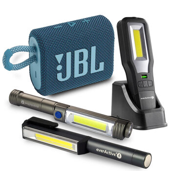 everActive WL-200, WL-400, WL-600R workshop flashlight set + JBL GO 3 Bluetooth speaker