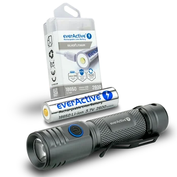SET everActive LED Flashlight FL-2000R Buddy + everActive 18650 3.7V Li-ion 2600mAh micro USB Battery