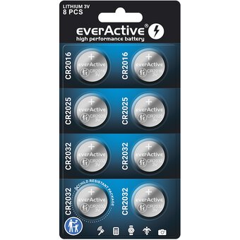set of 8 pieces of everActive lithium batteries 4 x CR2032, 2 x CR2025, 2 x CR2016